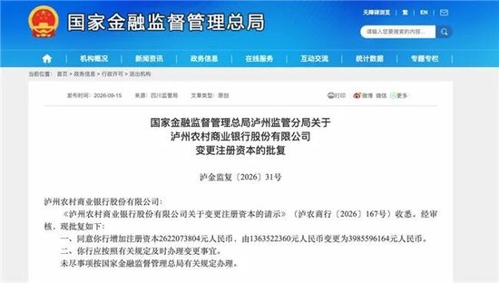 泸州农商银行获批增资至39.8亿元	，泸州老窖集团	、兴泸资产认购，持股均超5%