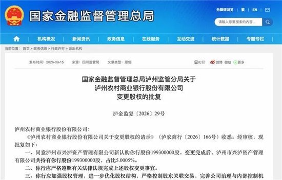 泸州农商银行获批增资至39.8亿元，泸州老窖集团、兴泸资产认购，持股均超5%